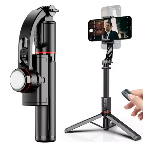 Gimbal stabilny Statyw z pilotem Bluetooth Selfie Stick Lampą LED oświetleniem obrotowy 360° 70cm Techsuit L19s Czarny