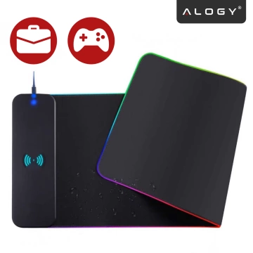 Alogy QiGlow Pro Schreibtischunterlage mit RGB-LED-Beleuchtung für Maus, Tastatur und Qi-Ladegerät für Smartphones. Rutschfeste, schützende Gaming-Matte XL (80 x 30 cm), Schwarz.