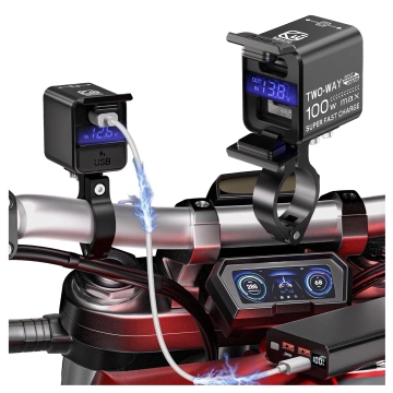 Ładowarka Motocyklowa Kewig, Uniwersalna Aluminiowa 100W, Dwukierunkowa z Woltomierzem, Szybkie Ładowanie USB-A i USB-C, Inteligentna i Wodoodporna – Czarna