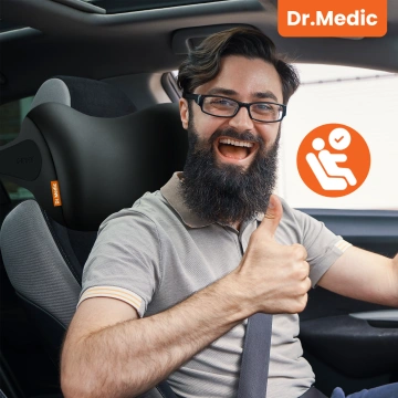 Poduszka samochodowa masująca na zagłówek – ergonomiczne wsparcie głowy, karku i szyi, elektryczny masażer z wibracjami dla kierowcy i pasażera – Dr.Medic RelaxDrive™