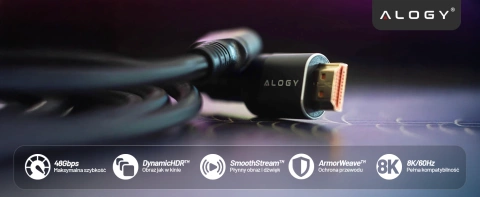 Kabel HDMI 2.1 1.5 m, 4K/8K Alogy Ultra High Speed™ 48 Gbps 60Hz, Premium z Pozłacanymi Końcówkami, Nylonowy Oplot, Miedziany – Czarny
