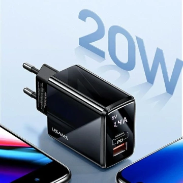 USAMS Ładowarka sieciowa 1xUSB-C+1xUSB T40 20W LED (only head) PD3.0 + QC3.0 Fast Charging czarny/black CC133TC01 (US-CC133)
