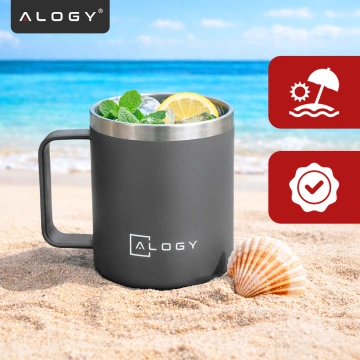 Kubek termiczny 420ml z uchwytem pokrywką na kawę herbatę stalowy zimne i ciepłe napoje Alogy Szary