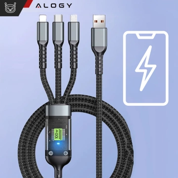 Kabel 120cm Alogy 3w1 Szybkie ładowanie Charging Cable 100W USB do USB-C + Micro + Lightning Czarny