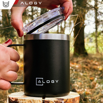 Kubki termiczne zestaw 2 kubków Kubek termiczny 420ml z uchwytem pokrywką na kawę herbatę stalowy Alogy Czarny