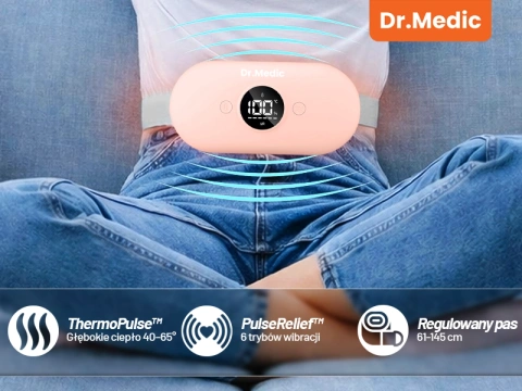 Pas Grzejący z Masażerem na okres i plecy - przeciwbólowy, ciepło + wibracje, 6 poziomów intensywności, akumulator 1800 mAh - Dr.Medic ThermoPulse™ Różowy