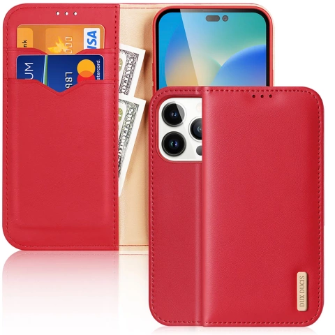 Dux Ducis Hivo Leather Flip Cover Echtes Leder Wallet für Karten und Dokumente iPhone 14 Pro Rot