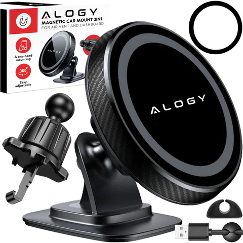 Uchwyt samochodowy magnetyczny na telefon szybę kratkę kokpit deskę do samochodu auta do telefonu Alogy Czarny + Organizer