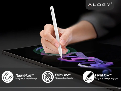 Rysik do Apple iPad Alogy Pencil z funkcją Palm Rejection Pressure Sensing Tilt Magnetyczny USB-C + 3 zapasowe końcówki Biały