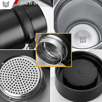 Termos butelka bidon termiczny 1l do kawy herbaty yerba mate z zaparzaczem sitko duży Alogy stal czarny + Szczotka do mycia