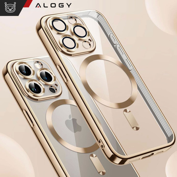 Etui MagSafe Case do iPhone 15 Pro Max Glamour Luxury obudowa Slim Ring Alogy Złote przezroczyste + Szkło
