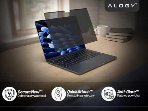 Magnetyczna folia prywatyzująca do Macbook Air 15" 2023-2025 – ochrona prywatności, łatwy montaż, pokrowiec do przechowywania, redukcja odblasków – Alogy SecureView™