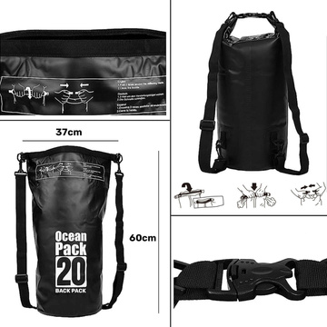 Worek wodoszczelny wodoodporny 20L Pokrowiec Torba na kajak żagle PVC do sportu Czarny