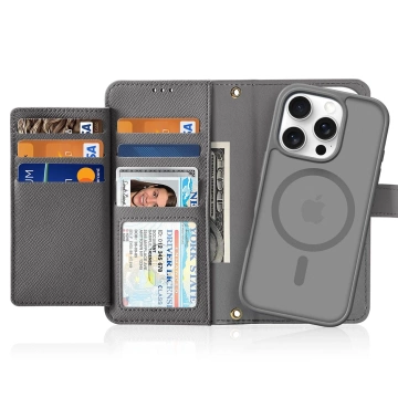 Etui skórzane do iPhone 16 Pro Max Dux Ducis Lawa z portfelem MagSafe szare