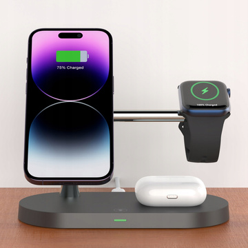 Ładowarka indukcyjna Qi Mag Safe 15W do iPhone Apple Watch AirPods bezprzewodowa 5w1 Stacja dokująca Czarna