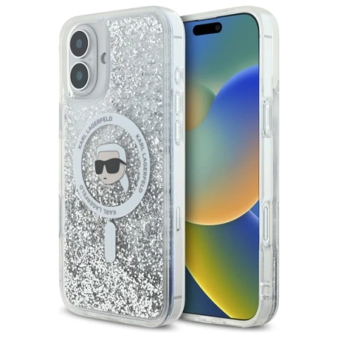 Etui Karl Lagerfeld für iPhone 16 6.1" Magsafe Hardcase Transparent Liquid Glitter Karl Head
