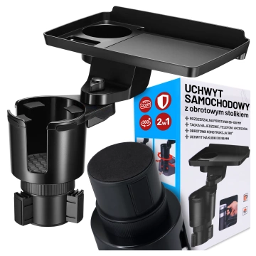 Uchwyt Samochodowy na Kubek i Butelkę Telefon z Obrotowym Stoliczkiem 360°, Mobilny Organizer 2w1, Alogy MultiUse Tray™ – Czarny