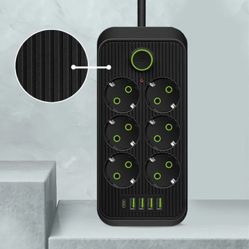 Verlängerungskabel Steckdosenleiste 6 Steckdosen AC EU-Steckdosen 4x USB USB-C Typ C-Steckdosen 2500 W Schwarz