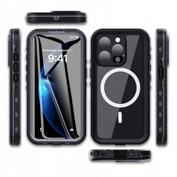 Etui Wodoodporne do Apple iPhone 15 Pro, Pancerna Obudowa 360° z Przezroczystym Tyłem, Kompatybilna z MagSafe, HydroArmor™ IP68 Case – Czarne