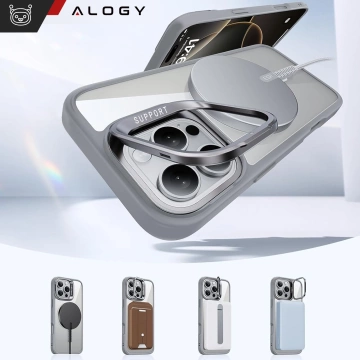 Etui hybrydowe ochronne do Apple iPhone 16 Pro Max Alogy KickStand Hybrid Case z podpórką do MagSafe Szare + szkło hartowane
