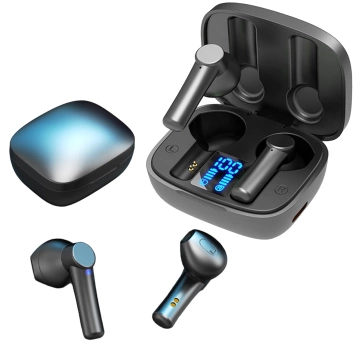 Alogy TWS Bluetooth 5.0 LED-Kopfhörer mit IPX5-Ladecase, Powerbank und USB-C-Anschluss, Schwarz