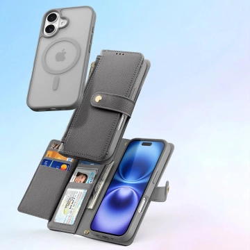 Etui skórzane do iPhone 16 MagSafe Dux Ducis Lawa + portfel – szare