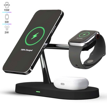 Ładowarka indukcyjna Qi Mag Safe 15W do iPhone Apple Watch AirPods bezprzewodowa 5w1 Stacja dokująca Czarna