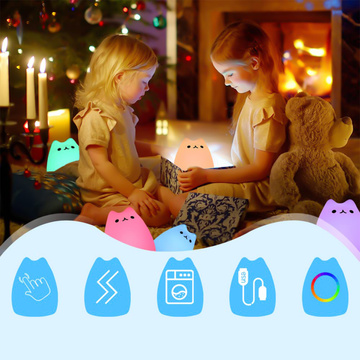Lampka nocna LED RGB dla dzieci kotek kot akumulatorowa USB 16 kolorów silikonowa dotykowa biała