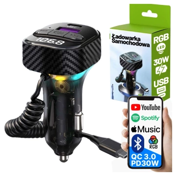 Bluetooth 5.3 FM-Transmitter mit PD 30W QC3.0 Kfz-Ladegerät, USB-C-Spiralkabel, USB-Stick-Unterstützung, 7-farbiger LED-Hintergrundbeleuchtung – Alogy CarTune™ Schwarz