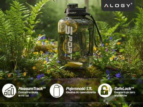Duża Butelka Motywacyjna na Wodę 1.7L Bidon Sportowy z Miarką, Uchwytem i Pokrywką 2w1 (Dzióbek + Słomka), Wygodna i Szczelna, Alogy Sport 1700ml – Czarna