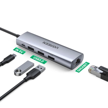 Adapter Ugreen CM266 USB-A 3.0 RJ45 3x USB-A micro USB Hub 5w1 Szary