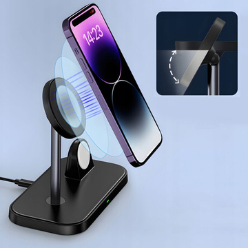 Qi Mag Safe 15W induktives Ladegerät für iPhone Apple Watch AirPods 3in1 kabellose Standstation Schwarz