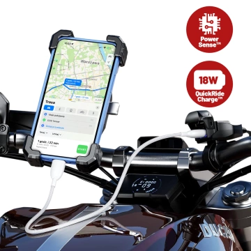 Kewig USB-A Motorradladegerät 18W, QC-Schnellladung, wasserdicht (IP65) mit Ein-/Ausschalter und LED-Hintergrundbeleuchtung, Lenkerhalterung, für Handy, Kamera und Gegensprechanlage – Schwarz