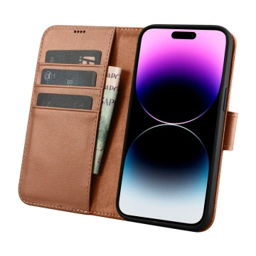 Etui na telefon iCarer Wallet Case 2in1 do  iPhone 14 Pro Max skórzany pokrowiec z klapką Anti-RFID brązowy