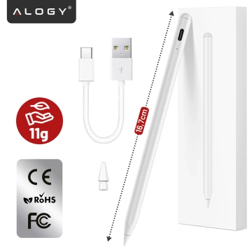 Rysik do Apple iPad Alogy Pencil z funkcją Palm Rejection Tilt Magnetyczny USB-C + zapasowa końcówka Biały