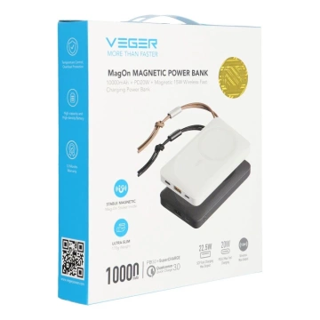 Powerbank Bateria zewnętrzna VEGER MagOn z ładowaniem Qi do MagSafe 15W - 10 000mAh PD 22,5W biały (VP1151 / W1151)