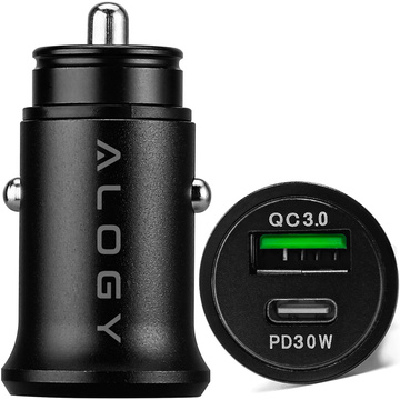 Ładowarka samochodowa 48W USB QC 3.0 18W + USB-C C PD 30W szybka mocna do telefonu Alogy Car czarna + Kabel USB-C 1m