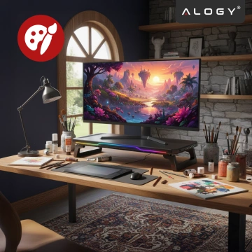Podstawka pod monitor z lampką listwą świetlną RGB z wejściami HUB USB (3× USB-A, 1× USB-C) – biurkowa do Home Office, Gaming, poprawa ergonomii – Alogy MonitorStand™ Czarna