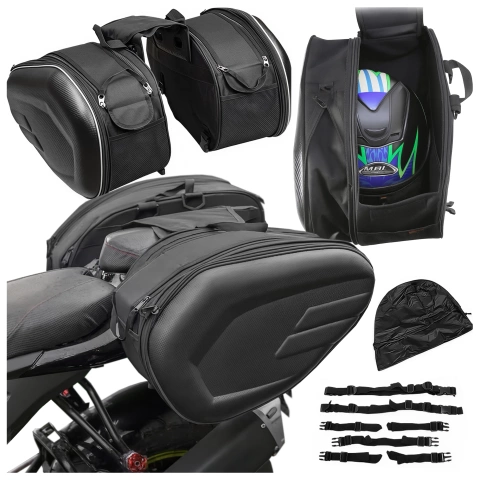 Sakwa Motocyklowa 38–58L – Torba, Kufry boczne, Sakwa na Tylne Siedzenie, Wodoodporna, Twardy Materiał, Regulowana na Motocykl – Alogy RoadPack™ Czarna