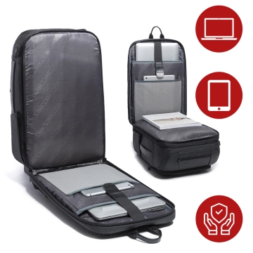 Wasserdichter Rucksack von Bange für Laptops bis 15,6 Zoll, ideal für Städtetrips, 49 x 31 x 18 cm, erweiterbar für Arbeit und Flugreisen, für Damen und Herren, mit USB-Anschluss, Schwarz