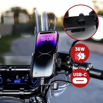 Kewig Motorrad-Handyhalterung mit 36-W-Schnellladefunktion (USB-C PD) für Lenker und Spiegel, 360°-Drehung, kompatibel mit Smartphones von 5,4 bis 7 Zoll – Schwarz