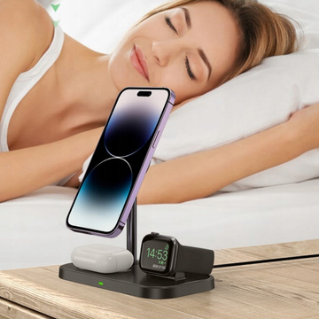 Qi Mag Safe 15W induktives Ladegerät für iPhone Apple Watch AirPods 3in1 kabellose Standstation Schwarz
