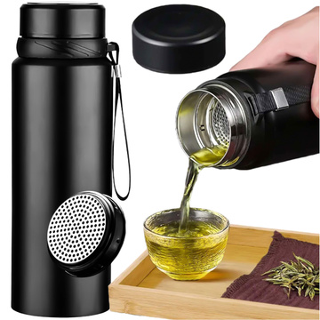Termos butelka bidon termiczny 1l do kawy herbaty yerba mate z zaparzaczem sitko duży Alogy stal czarny + Szczotka do mycia