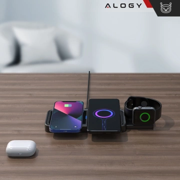 Kabelloses induktives Ladegerät Qi QC 3.0 3in1 Fast für Apple iPhone Airpods Watch Ladestation 15W schwarz