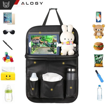 Organizer do samochodu auta podróżny stolik ochraniacz na fotel samochodowy tył oparcie siedzenie Alogy Czarny + 2x uchwyt na zagłówek