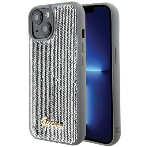 Etui Guess GUHCP15SPSFDGSS für iPhone 15 6,1" Silber/Silber Hardcase Pailletten Script Metal