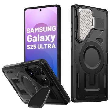Etui do Samsung Galaxy S25 Ultra Case do MagSafe Wzmocniona Pancerna ochrona obiektywów z funkcją podstawki obudowa ochronna na telefon Alogy HeavyDuty Mag™️Czarne + SZKŁO HARTOWANE
