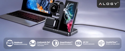 Ładowarka Bezprzewodowa Indukcyjna 3w1 Qi 3.0 Szybka do Samsung S22 S23 S24 S25 Galaxy Watch Buds Stacja czarna 