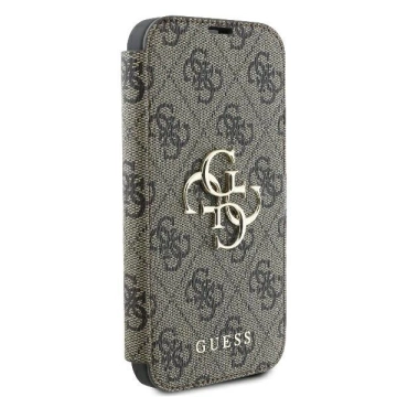 Guess 4G Metall-Logo-Schutzhülle für iPhone 16 (6,1 Zoll) – Braun, mit Standfunktion
