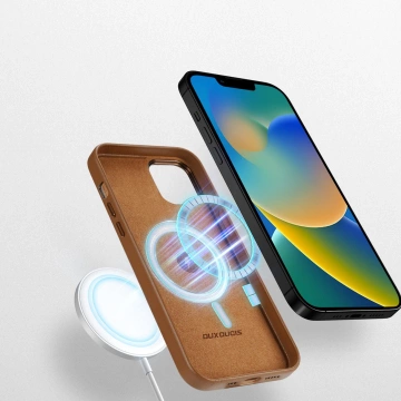 Dux Ducis Grit Ledertasche für iPhone 14 Elegante Kunstlederhülle (MagSafe-kompatibel) Braun